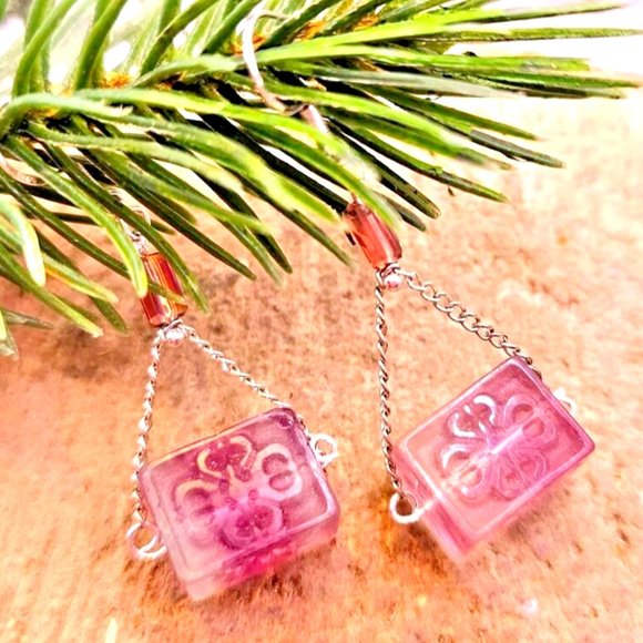 Nature Fluorite  Fret Symbols Block 925 Dangle Earring - Picture 4 of 10